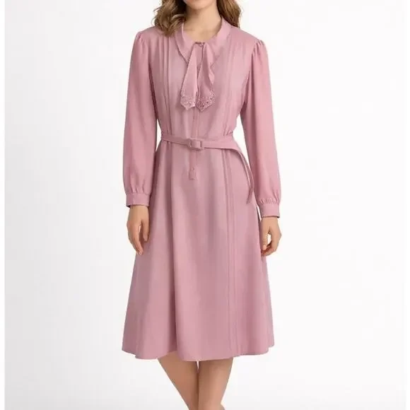 Vintage Lady Jennifer Pink Pleated Secretary Dress w Belt Long Sleeve Midi XL - Picture 1 of 9